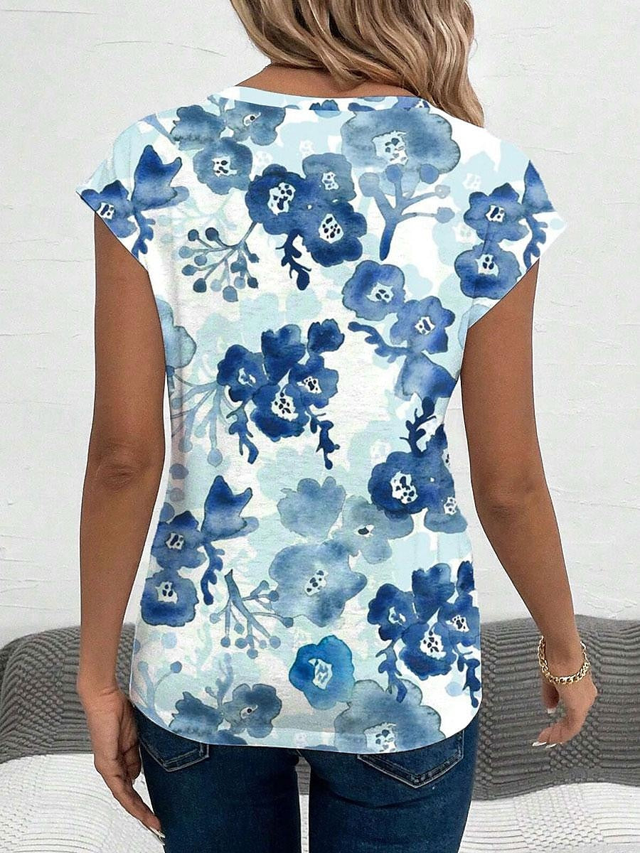 Women's T shirt Tee Casual Holiday Print Blue Short Sleeve Print V Neck Summer