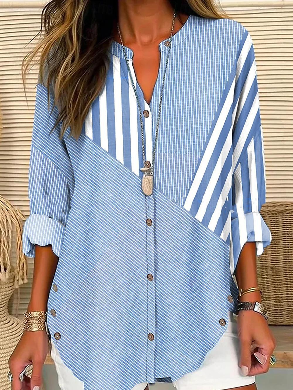 Women's Shirt Blouse Striped Daily Vacation Button Print Blue Long Sleeve Casual V Neck Spring & Summer