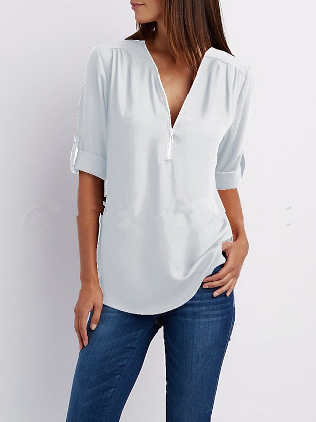 Womenâ€˜s Blouse Shirt Zipper Basic Plain Daily V Neck T-shirt Sleeve Regular Summer White Black Pink Grey Dark Blue - LuckyFash™