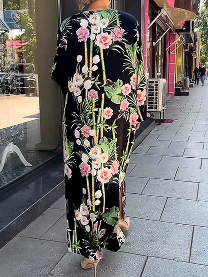 Women's Satin Dress Floral Print Crew Neck Long Dress Maxi Dress Daily Vacation Long Sleeve Summer Spring