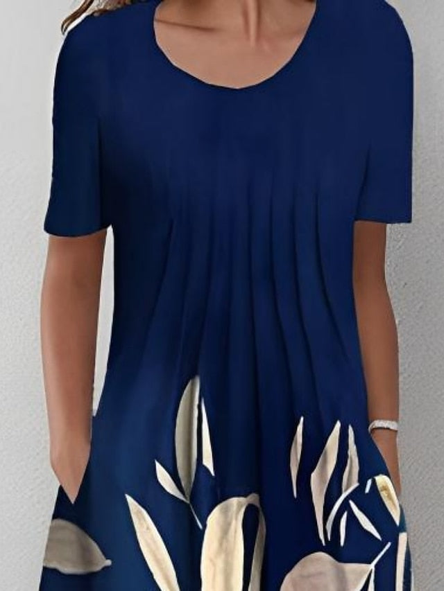 Women's Casual Dress Shift Dress Midi Dress Navy Blue Short Sleeve Floral Ruched Spring Summer Crew Neck Basic Daily Vacation Weekend 2023 S M L XL XXL 3XL - LuckyFash™