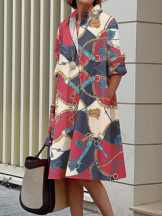 Women's Shirt Dress Casual Dress Midi Dress Office Daily Vacation Polyester Fashion Elegant Shirt Collar Print Long Sleeve Fall Winter 2023 Regular Fit Rose Red Geometric S M L XL 2XL