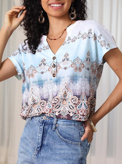 Women's T shirt Tee Daily Print Blue Short Sleeve Bohemia Stylish V Neck