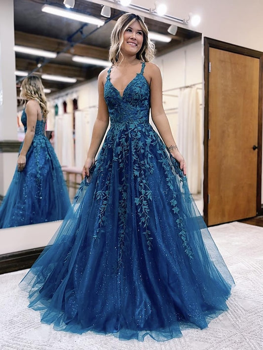 Ball Gown A-Line Prom Dresses Sparkle & Shine Dress Formal Floor Length Sleeveless V Neck Tulle Backless with Glitter Appliques 2023 - LuckyFash™