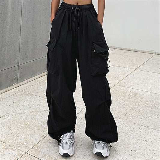 Women‘s Cargo parachute pants Wide Leg Trousers Baggy Full Length Baggy Micro-elastic High Waist Fashion Casual Daily ArmyGreen Black S M Spring & Fall