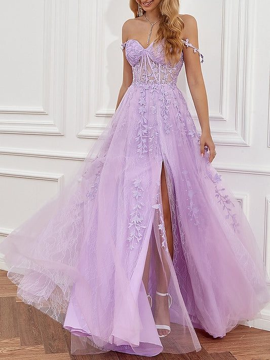 A-Line Prom Dresses See Through Dress Formal Sweep / Brush Train Sleeveless Sweetheart Tulle Backless with Beading Slit Appliques 2023 - LuckyFash™