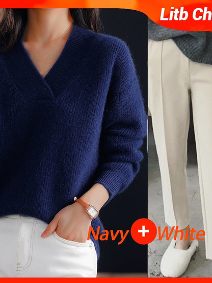 Women's Pullover Sweater Jumper V Neck Ribbed Knit Polyester Oversized Fall Winter Regular Outdoor Daily Going out Stylish Casual Soft Long Sleeve Solid Color Navy Blue Blue Camel S M L