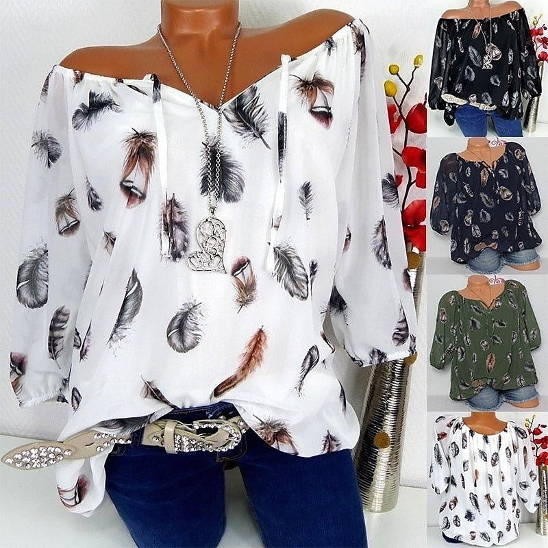 Women's Shirt Blouse Chiffon Feather Daily Vacation Print Black 3/4 Length Sleeve Casual V Neck Spring & Summer