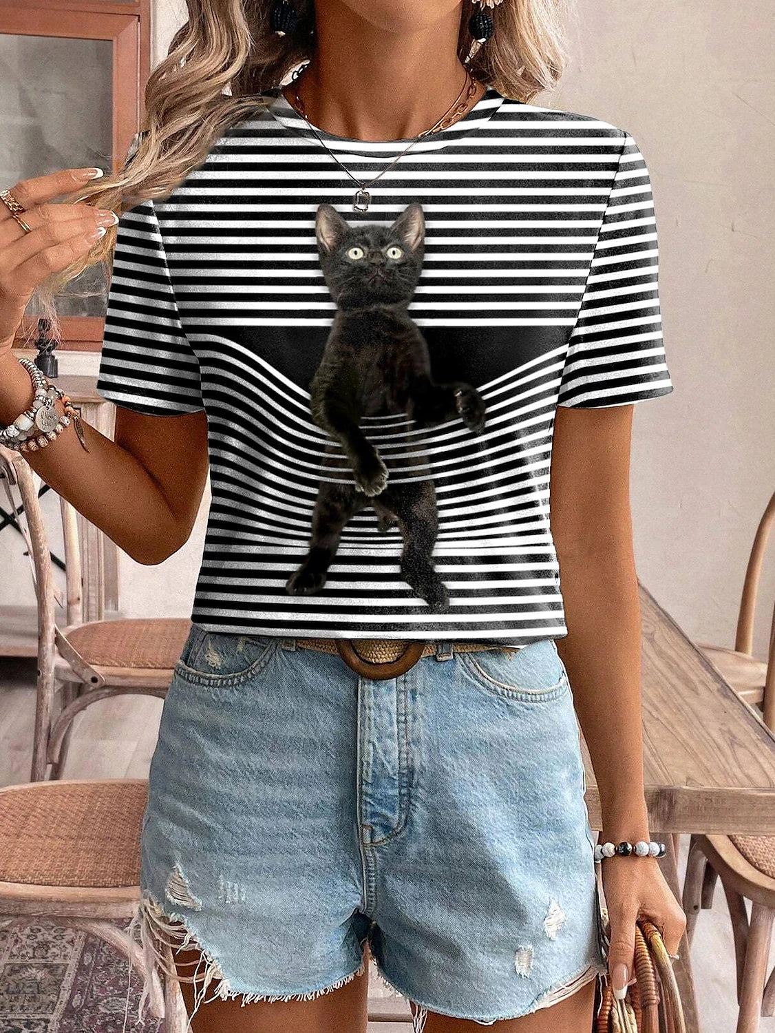 Women's T shirt Tee Animal Daily Weekend Print Black Short Sleeve Fashion Round Neck 3D cat Summer