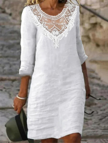 Women's White Dress Casual Dress Cotton Linen Dress Mini Dress Lace Patchwork Basic Daily Crew Neck 3/4 Length Sleeve Summer Spring White Plain