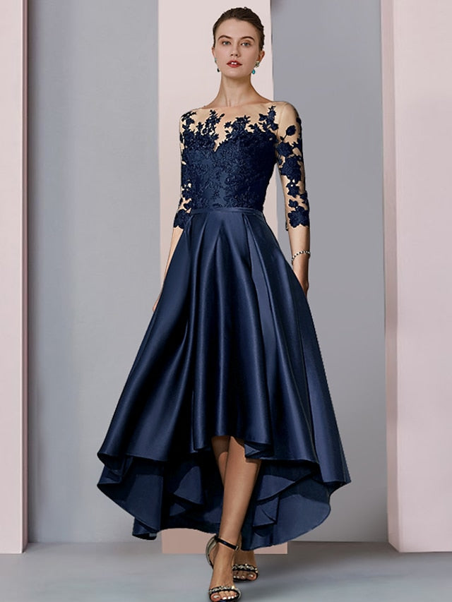 A-Line Mother of the Bride Dress Wedding Guest Elegant High Low Scoop Neck Asymmetrical Tea Length Satin Lace 3/4 Length Sleeve with Pleats Appliques 2023 - LuckyFash™