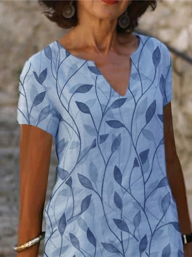 Women's Casual Dress Shift Dress Midi Dress Blue Green Short Sleeve Leaf Print Fall Spring Summer V Neck Basic Daily Vacation Summer Dress 2023 S M L XL XXL XXXL - LuckyFash™