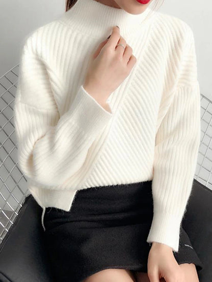 Women's Pullover Sweater Jumper Stand Collar Ribbed Knit Spandex Yarns Patchwork Split Fall Winter Regular Outdoor Daily Going out Stylish Casual Soft Long Sleeve Solid Color Black White Yellow