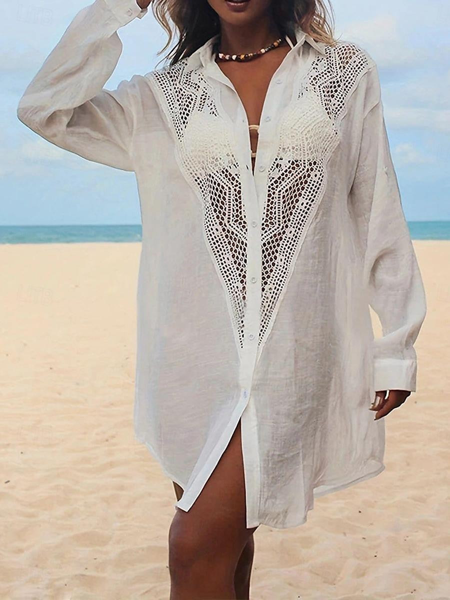 Women's White Dress Shirt Dress Cover Up Mini Dress Cotton Patchwork Button Vacation Beach Hawaiian Shirt Collar Long Sleeve Black White Color