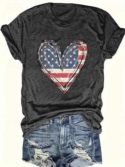 Women's T shirt Tee Cotton Heart American Flag Daily Weekend Print Black Short Sleeve Fashion Round Neck Summer