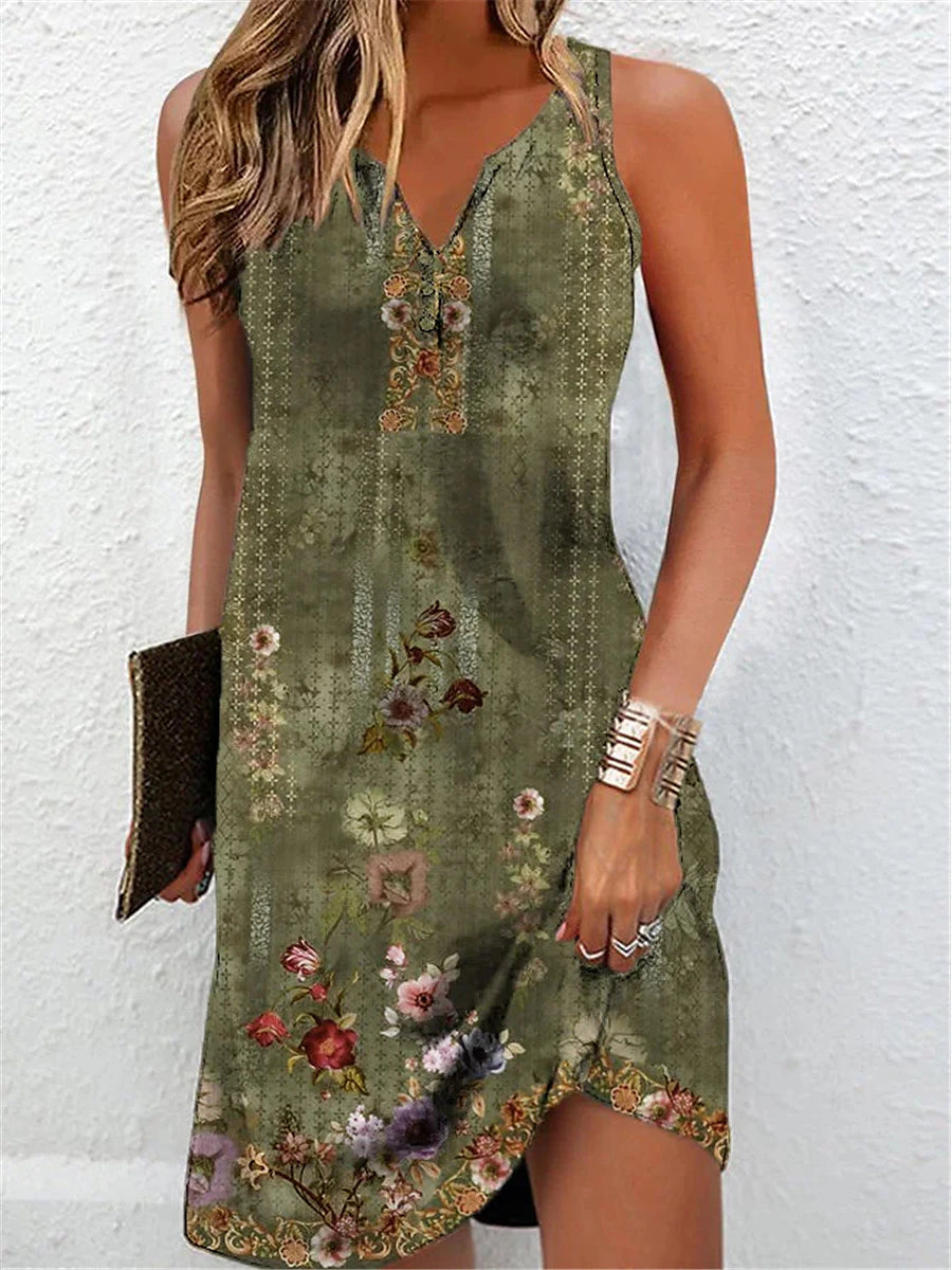 Women's Tank Dress Floral Ruched Print Split Neck Mini Dress Boho Daily Vacation Sleeveless Summer Spring