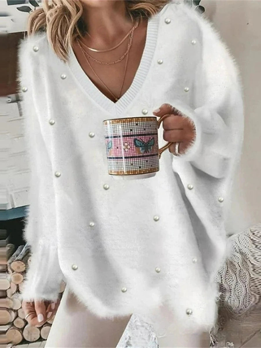 Women's Pullover Sweater Jumper V Neck Ribbed Knit Polyester Oversized Fall Winter Outdoor Daily Going out Stylish Casual Soft Long Sleeve Solid Color White Pink Red S M L