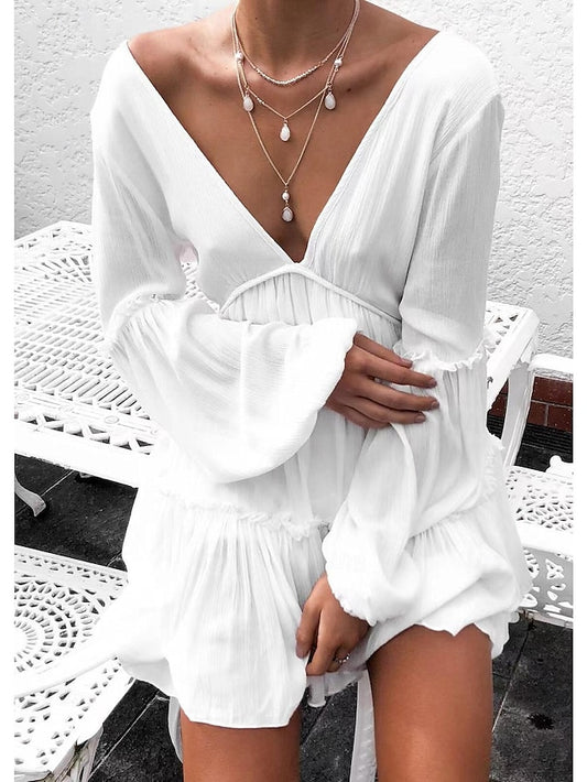 Women's White Dress Mini Dress Patchwork Date Sexy V Neck Long Sleeve White Color