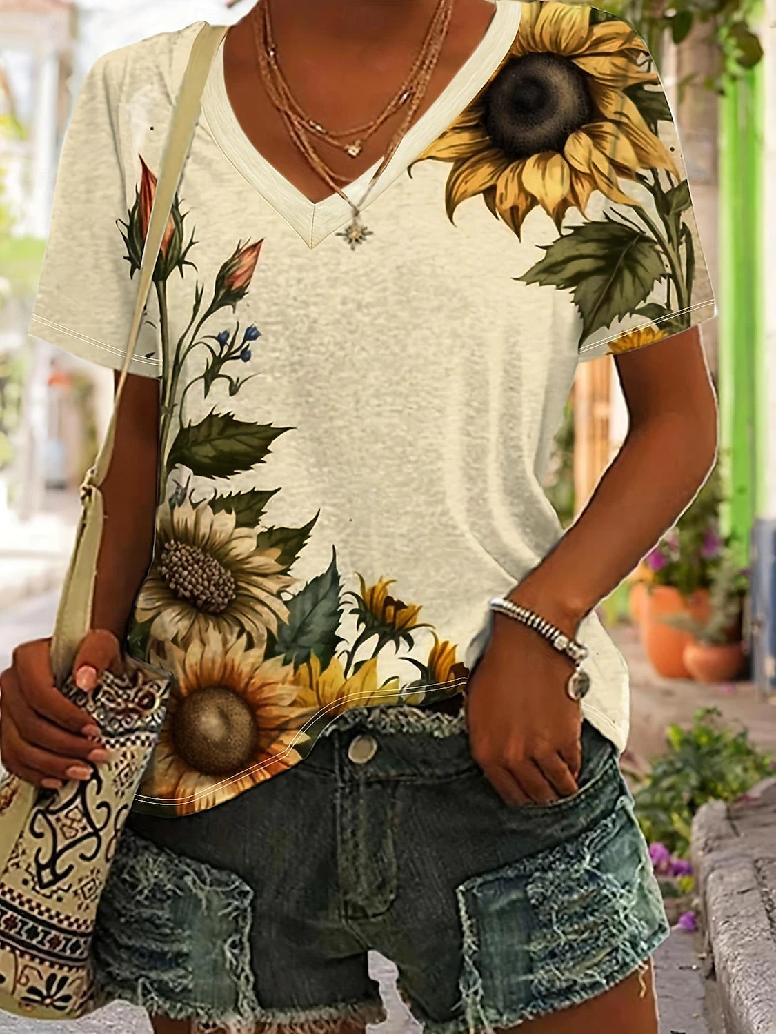 Women's T shirt Tee Sunflower Vacation Weekend Print Beige Short Sleeve Fashion V Neck Summer