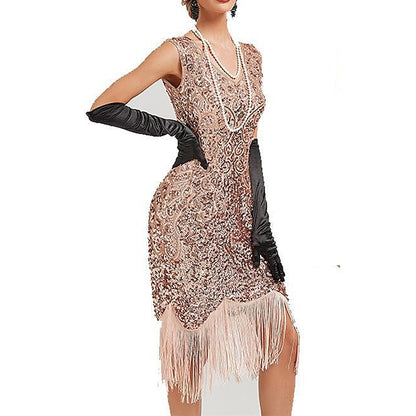 Women's Sequins Tassel Fringe Sequin Dress Midi Dress Elegant Floral V Neck Sleeveless Party Halloween Spring Fall Black Pink