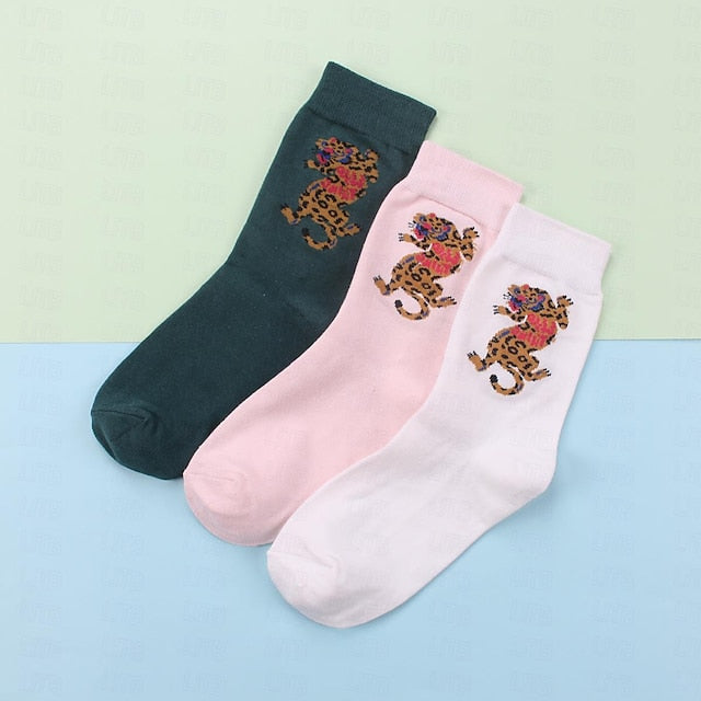 3 Pairs Women's Crew Socks Holiday Cotton Casual Vintage Retro Casual Sports Socks