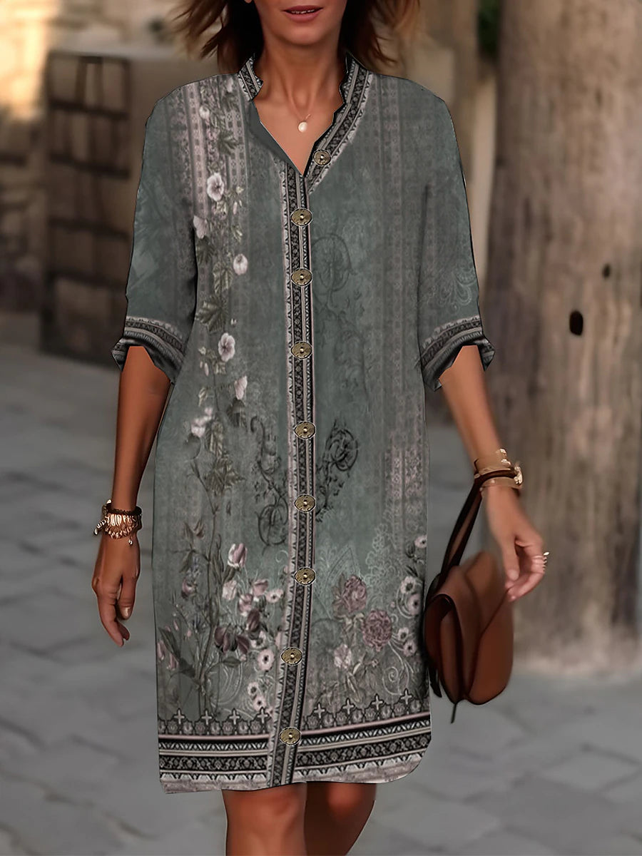 Women's Shirt Dress Casual Dress Cotton Linen Dress Midi Dress Button Print Daily Vacation Shirt Collar 3/4 Length Sleeve Summer Spring Fall Black Red Floral