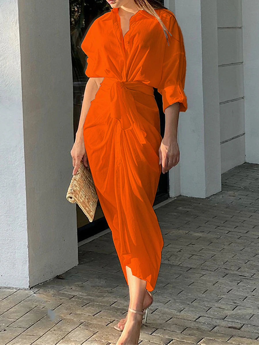 Women's White Dress Shirt Dress Casual Dress Long Dress Maxi Dress Ruched Button Date Vacation Streetwear Shirt Collar Long Sleeve White Pink Orange Color