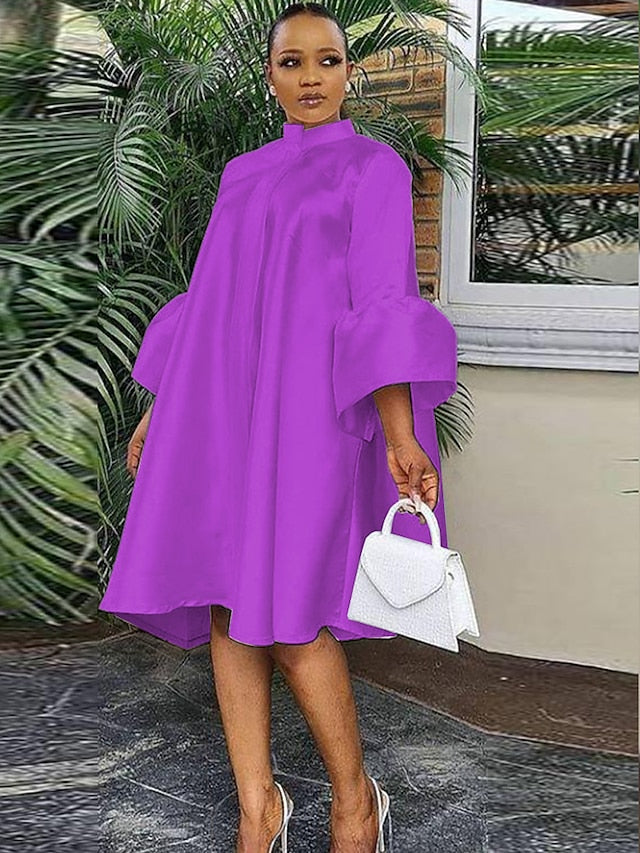 Women's Shirt Dress Knee Length Dress White Purple Yellow 3/4 Length Sleeve Solid Color Ruffle Spring Summer Stand Collar Elegant Casual Loose 2023 S M L XL XXL XXXL - LuckyFash™