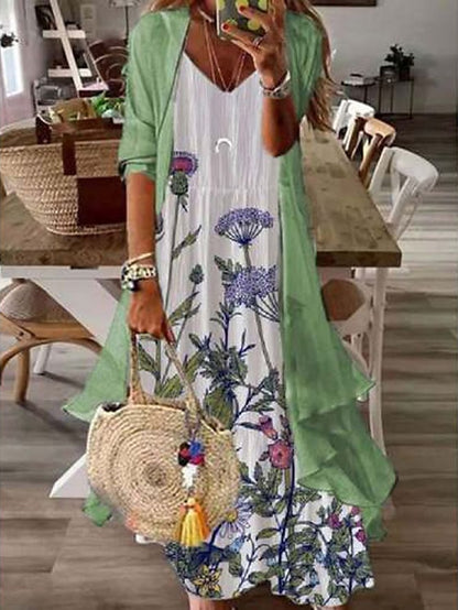 Women's Two Piece Dress Set Print Dress Daily Vacation Casual Print Maxi Dress V Neck 3/4 Length Sleeve Floral Loose Fit White Purple Green Summer Spring S M L XL XXL - LuckyFash™