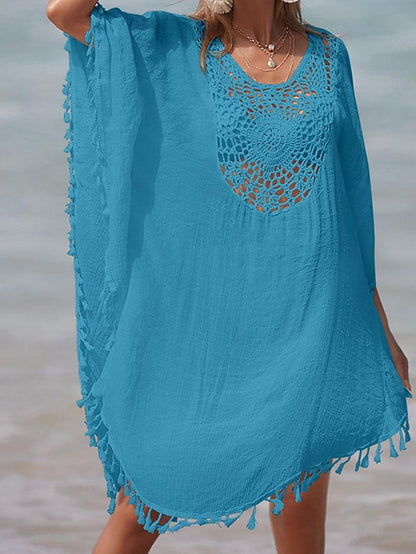 Women's Summer Dress Cover Up Tassel Cut Out Beach Wear Holiday Sleeveless Black White Blue Color