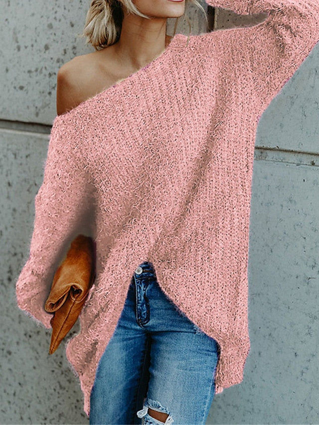 Women's Pullover Sweater Jumper One Shoulder Ribbed Knit Polyester Cold Shoulder Fall Winter Short Daily Going out Weekend Stylish Casual Soft Long Sleeve Solid Color Pink Navy Blue Beige XS S M