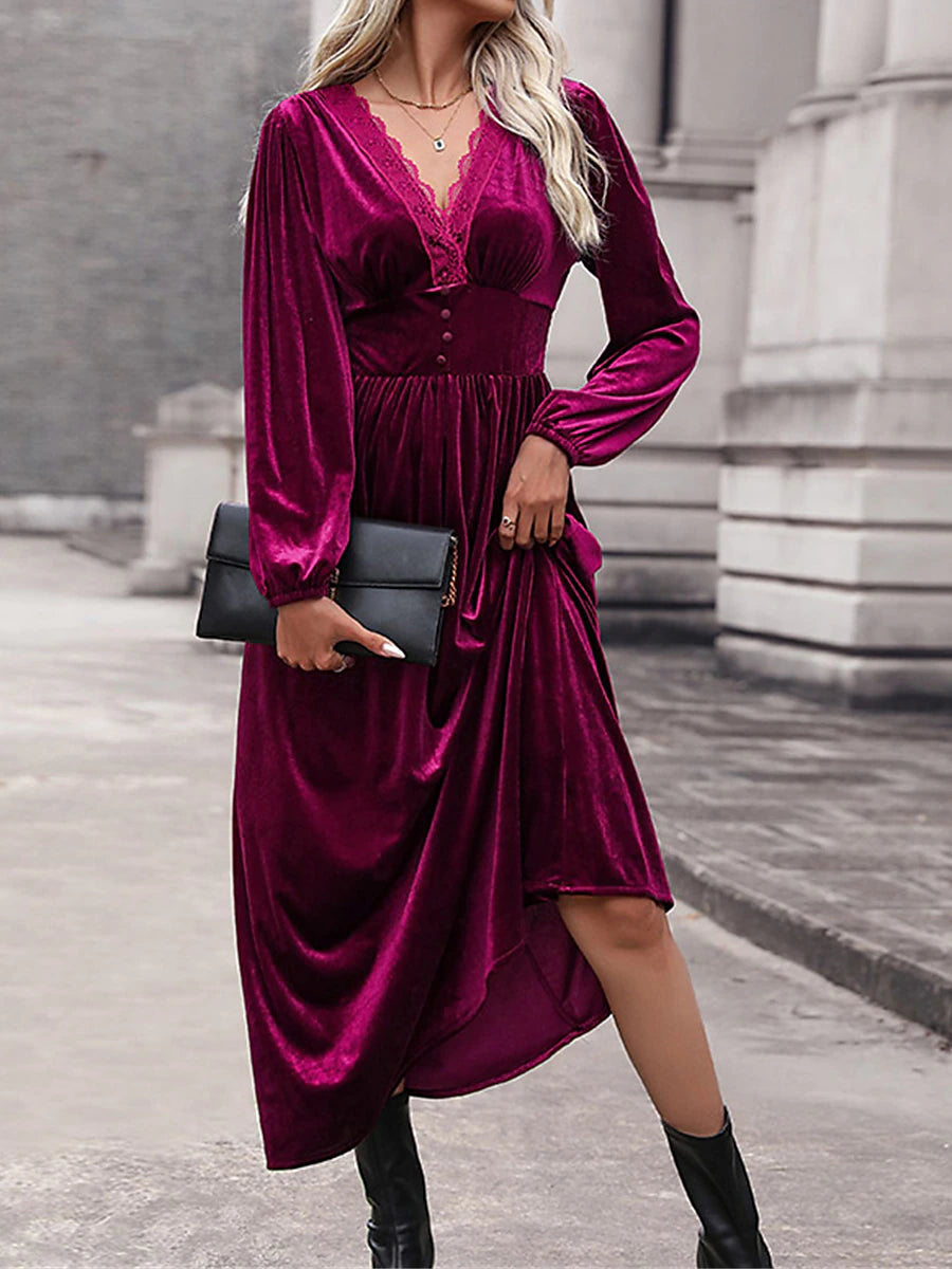 Women's Velvet Dress Casual Dress Winter Dress Long Dress Maxi Dress Lace Ruched Daily Date Elegant Fashion V Neck Long Sleeve Wine Color