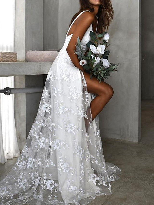 Beach Wedding Dresses A-Line Camisole V Neck Spaghetti Strap Court Train Lace Bridal Gowns With Appliques Split Front 2023 Summer Wedding Party, Women's Clothing - LuckyFash™