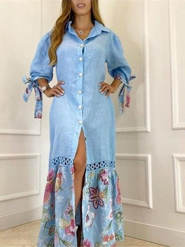 Women's Shirt Dress Casual Dress Maxi long Dress Date Vacation Polyester Maxi Modern Shirt Collar Button Print 3/4 Length Sleeve Summer Spring Loose Fit White Yellow Pink Floral S M L XL 2XL