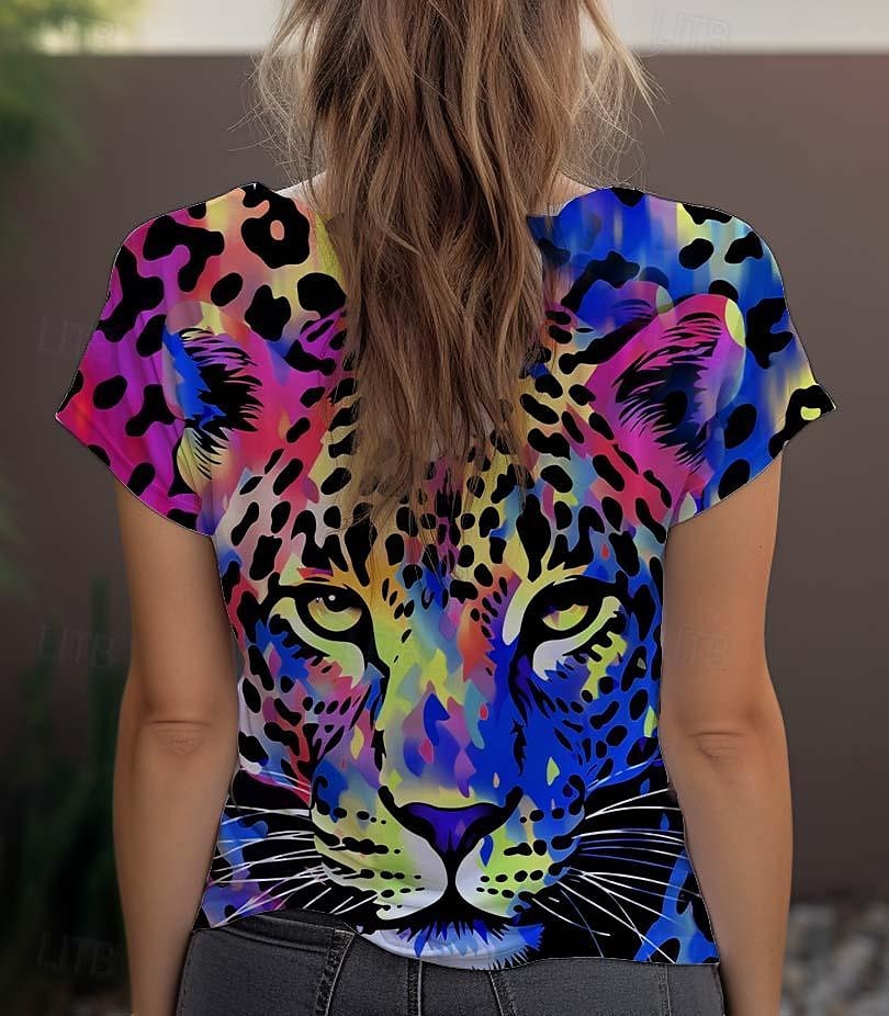 Women's T shirt Tee Leopard Daily Weekend Print Blue Short Sleeve Fashion Crew Neck Summer