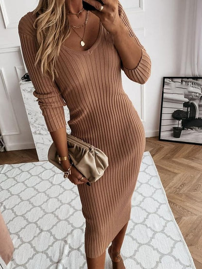 Women's Sweater Dress Jumper Dress Winter Dress Midi Dress Knitwear Fashion Basic Pure Color Outdoor Daily Vacation Fall Dress V Neck Long Sleeve Ruched Knit 2023 Regular Fit Black Red Blue S M L XL