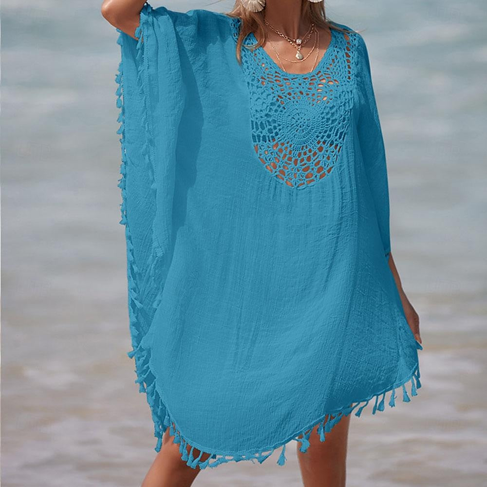 Women's Summer Dress Cover Up Tassel Cut Out Beach Wear Holiday Sleeveless Black White Blue Color