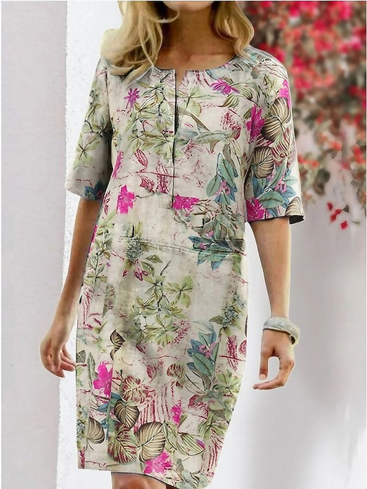 Women‘s Plus Size Curve Shift Dress Sheath Dress Midi Dress Pink Dusty Blue Orange Half Sleeve Print Patchwork Summer Spring Crew Neck Elegant Party 2023 S M L XL XXL 3XL