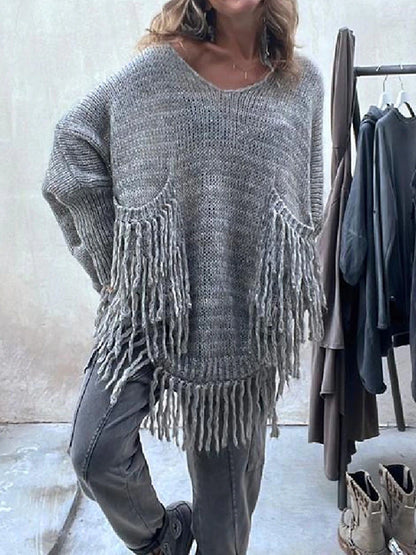 Women's Pullover Sweater Jumper Crew Neck Ribbed Knit Polyester Pocket Tassel Knitted Fall Winter Long Outdoor Daily Going out Fashion Streetwear Casual Long Sleeve Solid Color Camel Green Grey S / M