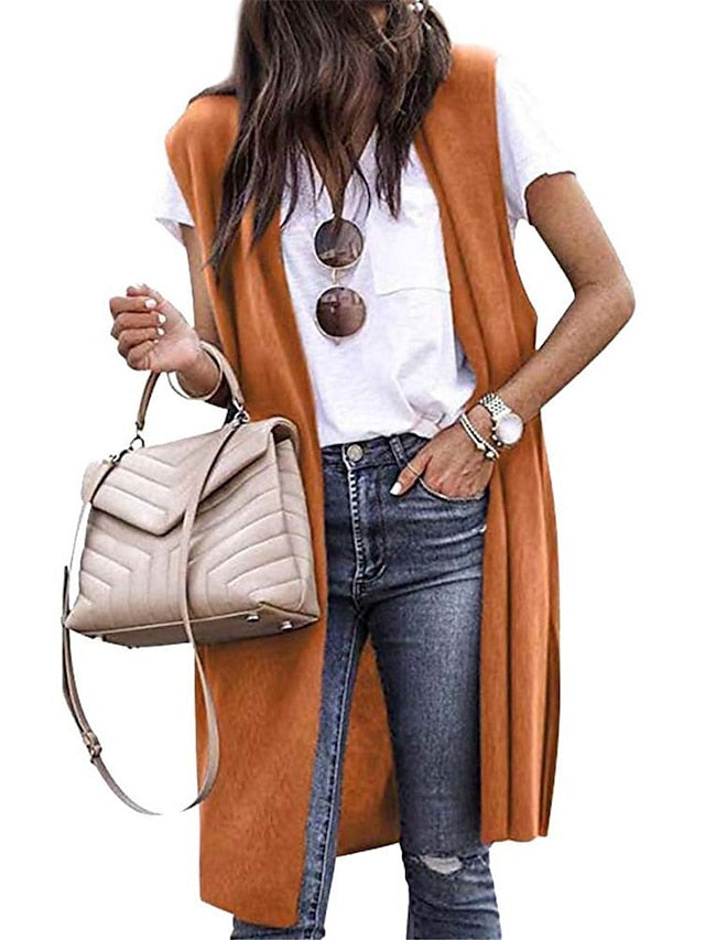 Women's Sweater Vest Open Front Ribbed Knit Polyester Oversized Summer Spring Long Daily Holiday Going out Sexy Casual Soft Sleeveless Pure Color Wine Blue Orange S M L