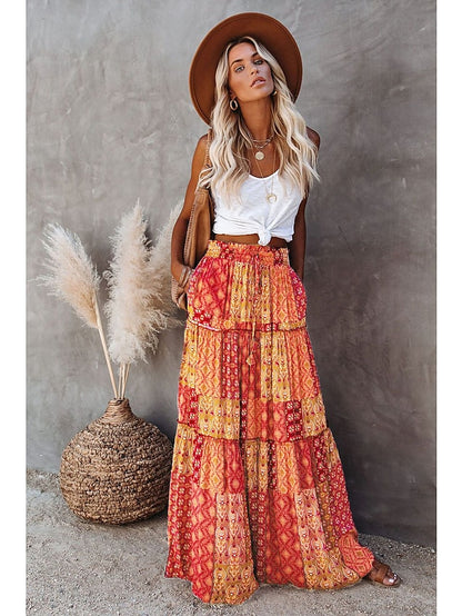 Women's Skirt Swing Long Skirt Maxi Polyester Black Yellow Purple Orange Skirts Spring & Summer Drawstring Print Vintage Boho Causal Vacation S M L - LuckyFash™