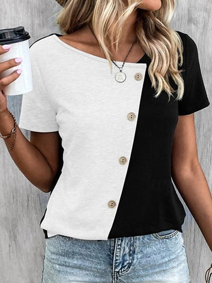 Women's T shirt Tee Color Block Daily Weekend Button White Short Sleeve Fashion V Neck Summer