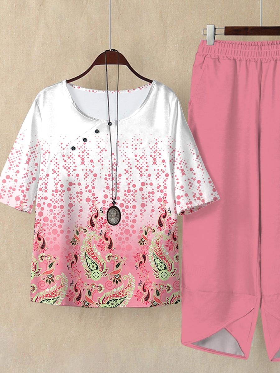 Women's Shirt Pants Sets Ombre Paisley Casual Daily Print Pink Short Sleeve