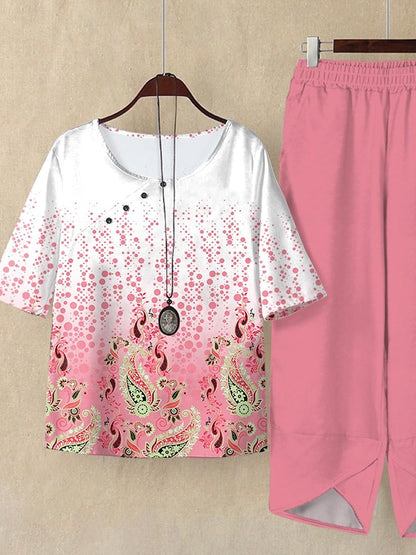 Women's Shirt Pants Sets Ombre Paisley Casual Daily Print Pink Short Sleeve