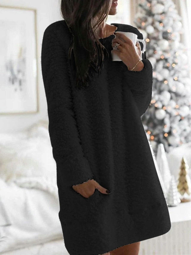 Women‘s Sweater Dress Winter Dress Mini Dress Black White Pink Long Sleeve Pure Color Fall Winter Autumn Crew Neck Hot Fall Dress 2022 S M L XL