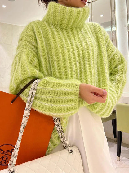 Women's Pullover Sweater Jumper Turtleneck Chunky Knit Acrylic Oversized Fall Winter Outdoor Daily Going out Stylish Casual Soft Long Sleeve Solid Color White Pink Green S M L