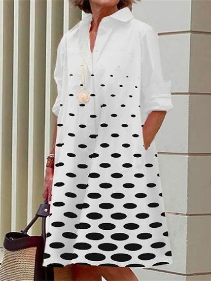 Women's Shirt Dress Casual Dress Midi Dress Outdoor Daily Vacation Polyester Fashion Casual Shirt Collar Button Pocket Long Sleeve Summer Spring Fall 2023 Loose Fit Black White Gray Polka Dot Flower