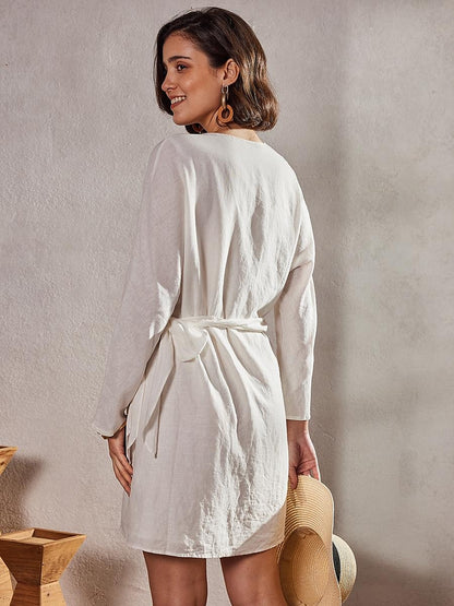 Women's Shirt Dress Casual Dress Linen Dress Mini Dress Winter Dress Daily Vacation Cotton Basic Vacation V Neck Lace up Long Sleeve Summer Spring Fall Linen Loose Fit White Pure Color S M L XL XXL