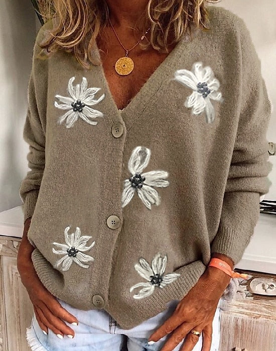 Women's Sweater Cardigan Sweater V Neck Knit Acrylic Embroidered Knitted Spring Fall Winter Daily Holiday Stylish Chic & Modern Casual Long Sleeve Floral Maillard Red Green Gray S M L