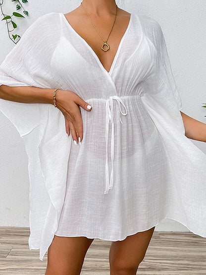 Women's Summer Dress Cover Up Drawstring Beach Wear Holiday Long Sleeve Black White Blue Color